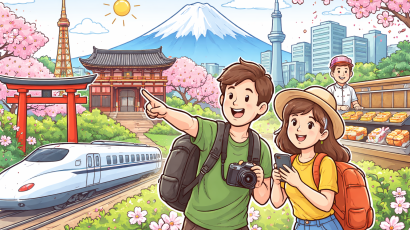 Japan travel costs 2026 guide showing young couple exploring Tokyo with Mount Fuji, cherry blossoms, bullet train, traditional temple, and street food representing affordable Japan travel experiences