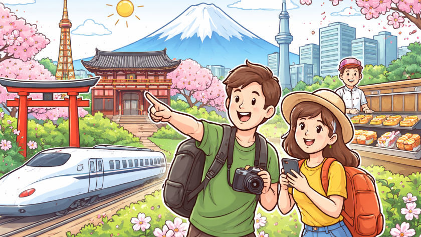Japan travel costs 2026 guide showing young couple exploring Tokyo with Mount Fuji, cherry blossoms, bullet train, traditional temple, and street food representing affordable Japan travel experiences