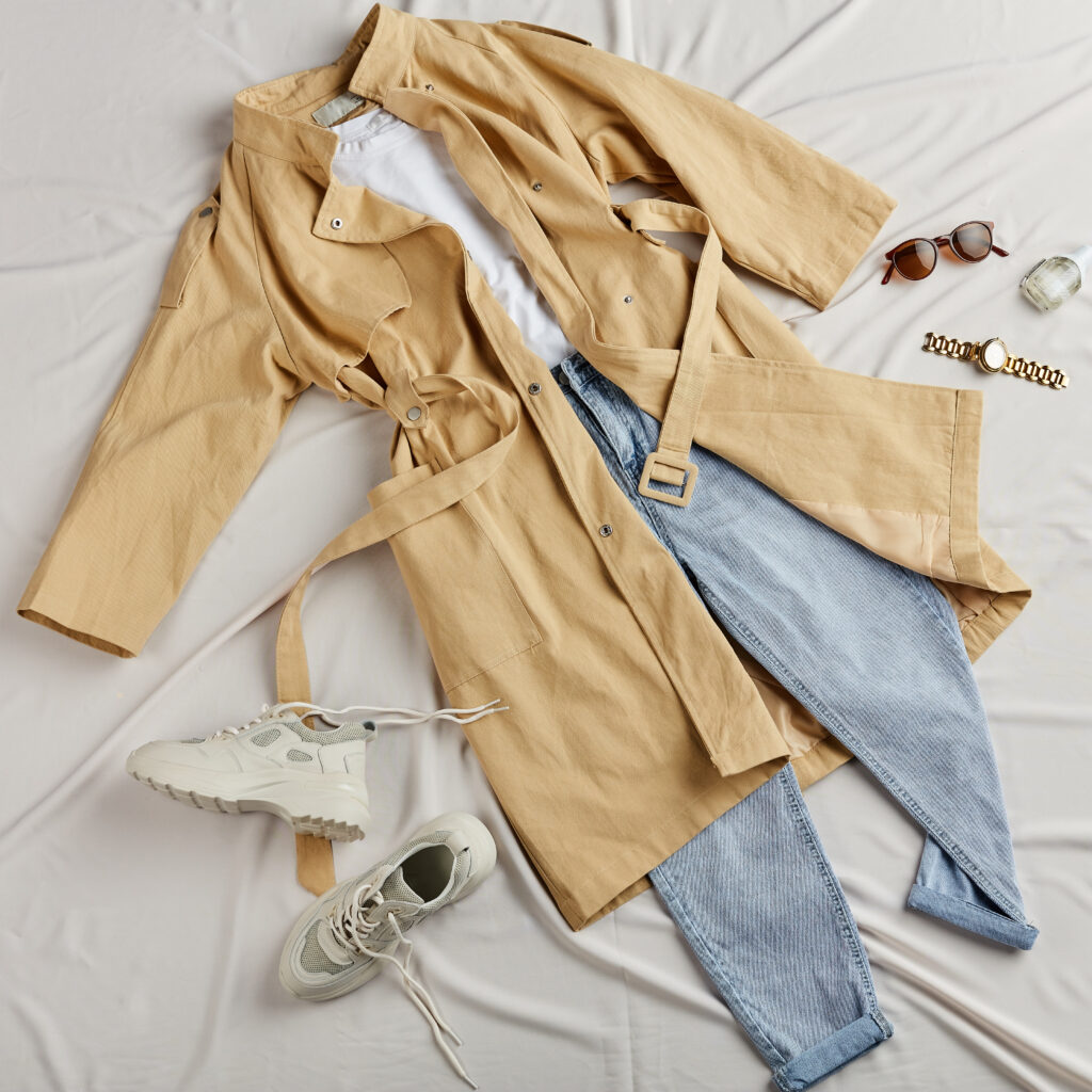 japan spring packing list outfit flat lay trench coat jeans