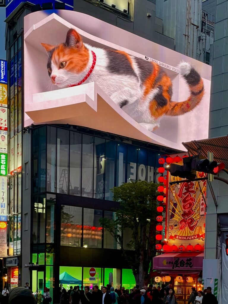 The famous 3D cat billboard above Shinjuku Station in Tokyo