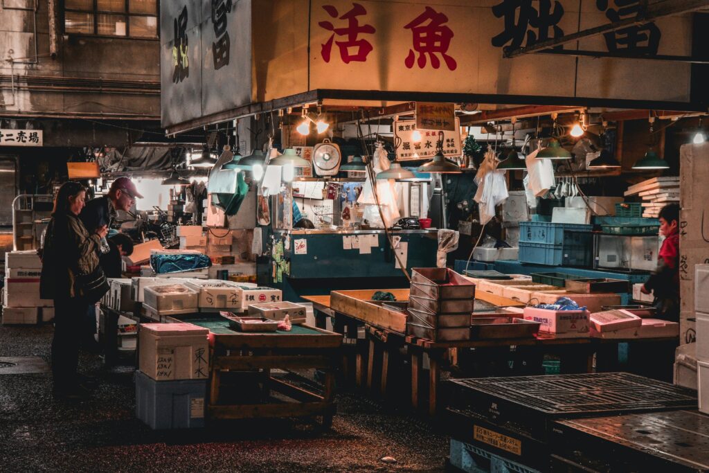 Traditional seafood vendor at Tsukiji Outer Market in Tokyo, Japan